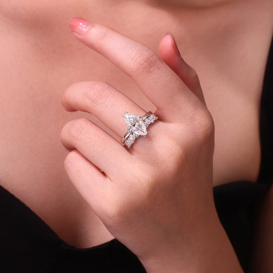 Star Gaze Marquise Moissanite Ring Set | D Color 3EX Stones, 925 Sterling Silver with 18K White Gold Plating, GRA Certified