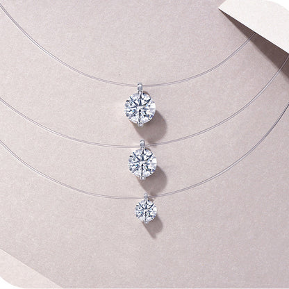 Mermaid Tears Moissanite Pendant Necklace - Invisible Thread Collarbone Chain, Sterling Silver Minimalist Jewelry