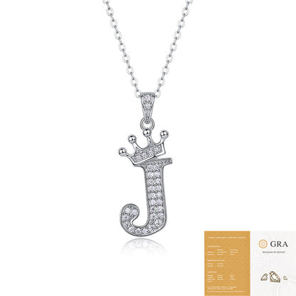 Collier avec initiale en forme de couronne - Pendentif en moissanite en argent sterling S925, chaîne de clavicule, bijou personnalisé avec lettre et halo pavé