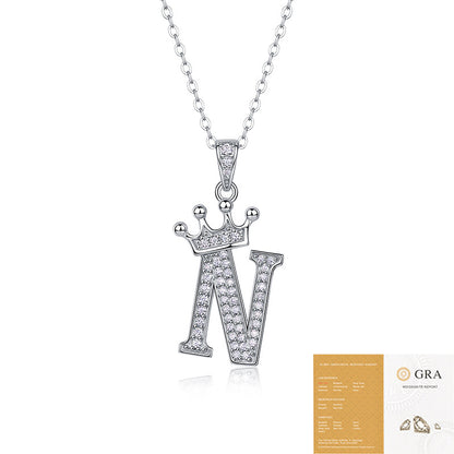 Collier avec initiale en forme de couronne - Pendentif en moissanite en argent sterling S925, chaîne de clavicule, bijou personnalisé avec lettre et halo pavé