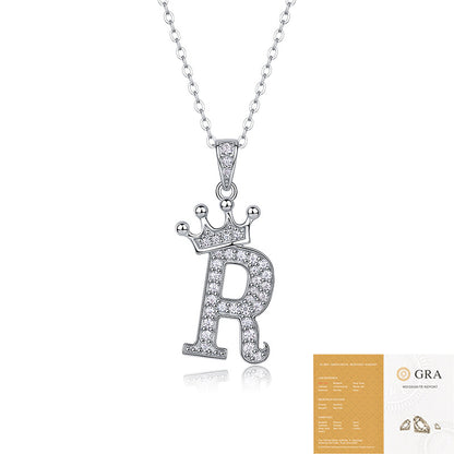 Collier avec initiale en forme de couronne - Pendentif en moissanite en argent sterling S925, chaîne de clavicule, bijou personnalisé avec lettre et halo pavé