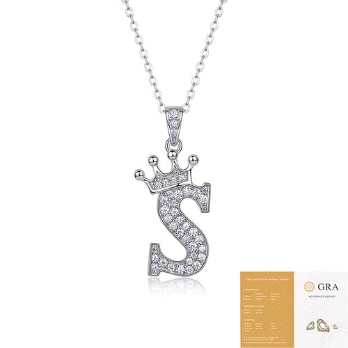 Collier avec initiale en forme de couronne - Pendentif en moissanite en argent sterling S925, chaîne de clavicule, bijou personnalisé avec lettre et halo pavé
