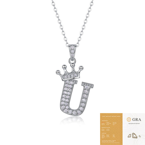 Collier avec initiale en forme de couronne - Pendentif en moissanite en argent sterling S925, chaîne de clavicule, bijou personnalisé avec lettre et halo pavé