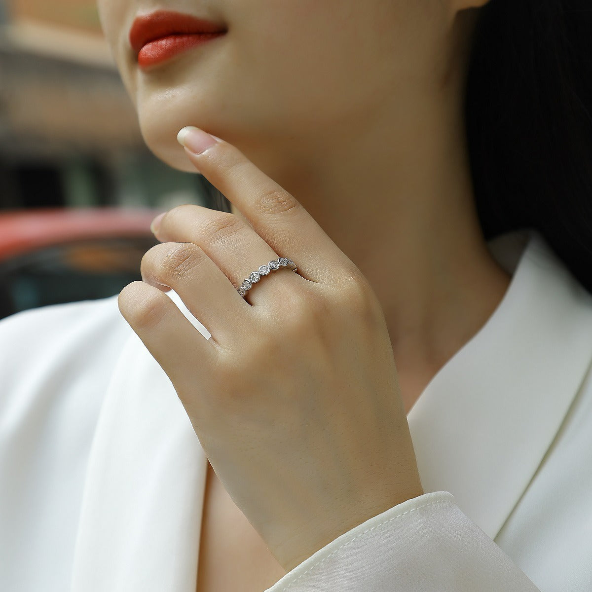 Bague empilable en moissanite Breaking Cocoon - Argent sterling S925 plaqué or blanc 18 carats, 18 pierres de couleur D, taille 3EX, pour femme
