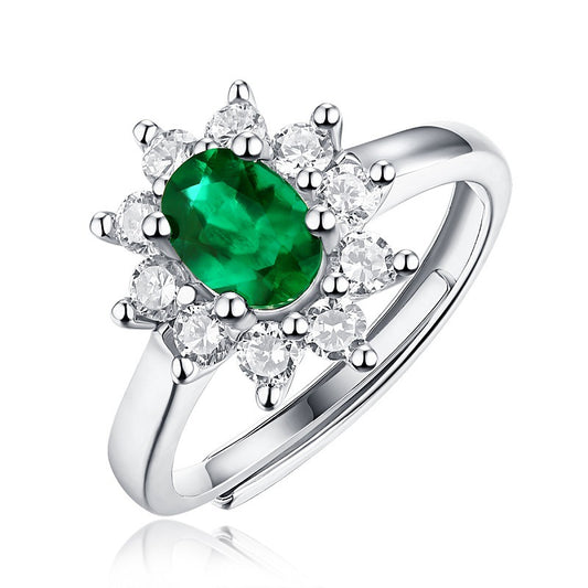 Adjustable Emerald & Zircon Ring - S925 Sterling Silver Open Band, 10 Stone Bohemian Statement Ring for Women