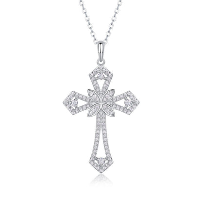 Shield of Love Moissanite Cross Necklace - 92-Stone S925 Sterling Silver Pendant, 3EX Cut D Color Religious Jewelry