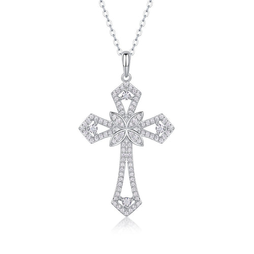 Shield of Love Moissanite Cross Necklace - 92-Stone S925 Sterling Silver Pendant, 3EX Cut D Color Religious Jewelry