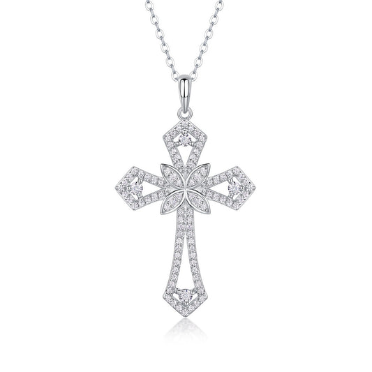 Collier croix en moissanite Shield of Love - Pendentif en argent sterling S925 à 92 pierres, taille 3EX, couleur D, bijou religieux