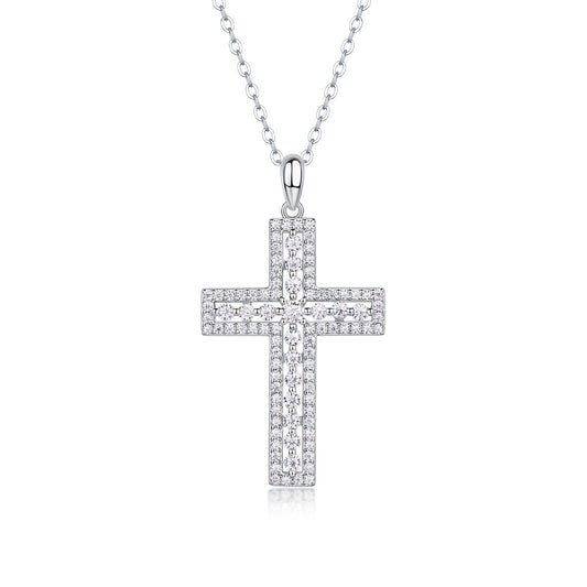 91-Stone Moissanite Cross Necklace - S925 Sterling Silver 3EX Cut D Color Pendant, Religious Collarbone Chain for Women