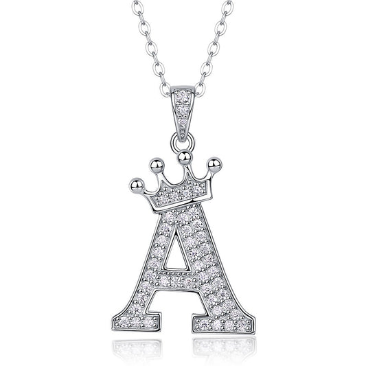 Collier avec initiale en forme de couronne - Pendentif en moissanite en argent sterling S925, chaîne de clavicule, bijou personnalisé avec lettre et halo pavé