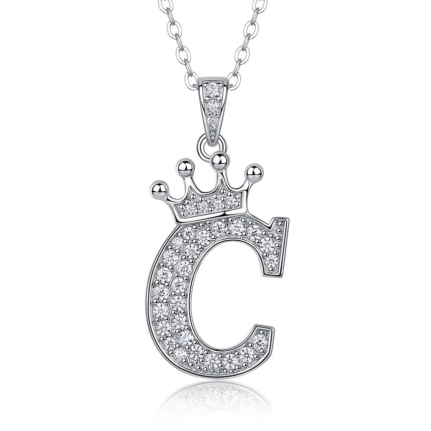 Collier avec initiale en forme de couronne - Pendentif en moissanite en argent sterling S925, chaîne de clavicule, bijou personnalisé avec lettre et halo pavé