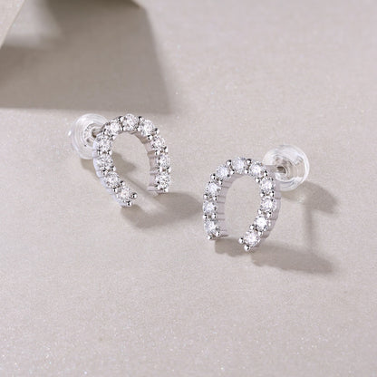Horseshoe of Happiness Moissanite Stud Earrings | D Color 3EX Stones | 925 Sterling Silver, 18K White Gold Plated Luxury Jewelry