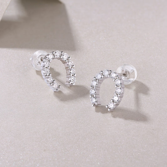 Horseshoe of Happiness Moissanite Stud Earrings | D Color 3EX Stones | 925 Sterling Silver, 18K White Gold Plated Luxury Jewelry