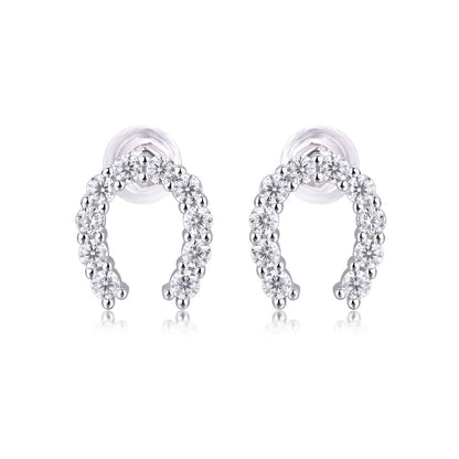 Horseshoe of Happiness Moissanite Stud Earrings | D Color 3EX Stones | 925 Sterling Silver, 18K White Gold Plated Luxury Jewelry