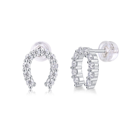 Horseshoe of Happiness Moissanite Stud Earrings | D Color 3EX Stones | 925 Sterling Silver, 18K White Gold Plated Luxury Jewelry