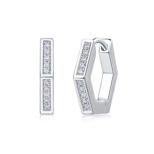 State of Mind Geometric Huggies - 20-Stone D Color 3EX Moissanite, S925 Sterling Silver 18K White Gold Plated Earrings