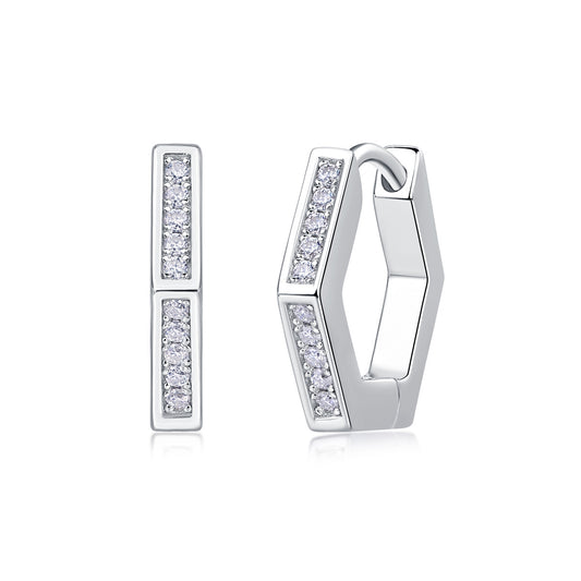 State of Mind Geometric Huggies - 20-Stone D Color 3EX Moissanite, S925 Sterling Silver 18K White Gold Plated Earrings