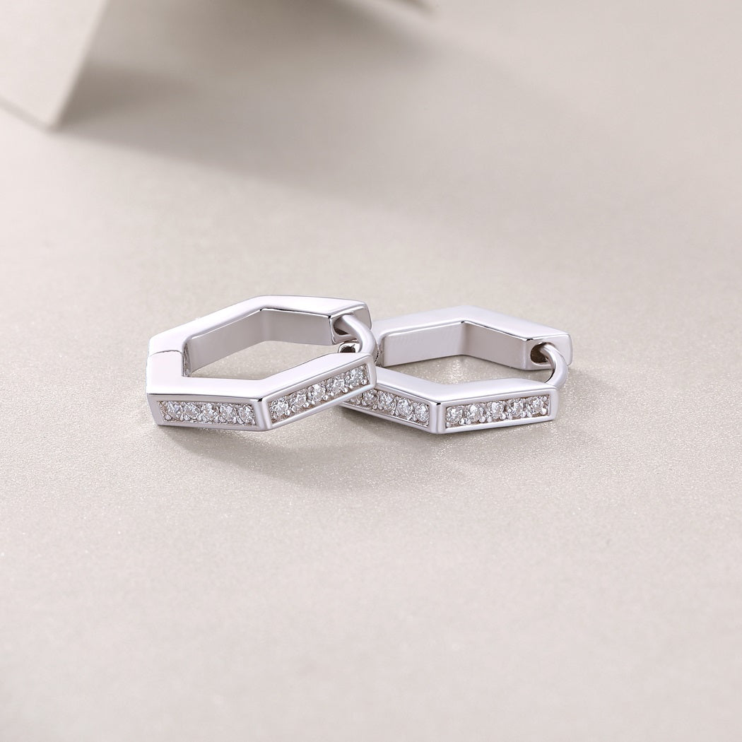 State of Mind Geometric Huggies - 20-Stone D Color 3EX Moissanite, S925 Sterling Silver 18K White Gold Plated Earrings