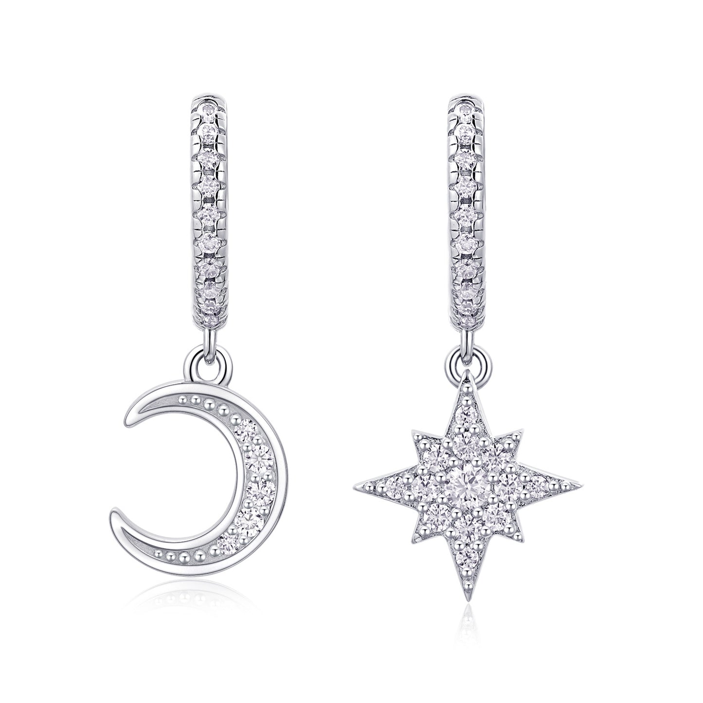 Star and Moon Moissanite Huggie Earrings for Women | Asymmetric D Color 3EX Moissanite, 925 Sterling Silver, 18K White Gold Plated