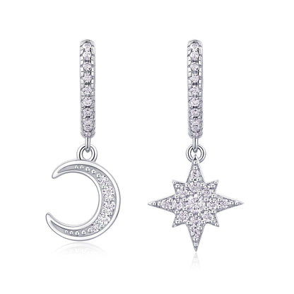Star and Moon Moissanite Huggie Earrings for Women | Asymmetric D Color 3EX Moissanite, 925 Sterling Silver, 18K White Gold Plated