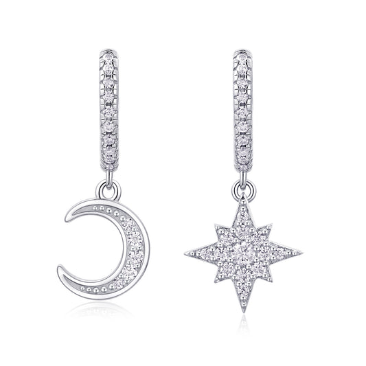Star and Moon Moissanite Huggie Earrings for Women | Asymmetric D Color 3EX Moissanite, 925 Sterling Silver, 18K White Gold Plated