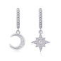 Star and Moon Moissanite Huggie Earrings for Women | Asymmetric D Color 3EX Moissanite, 925 Sterling Silver, 18K White Gold Plated