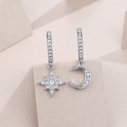 Star and Moon Moissanite Huggie Earrings for Women | Asymmetric D Color 3EX Moissanite, 925 Sterling Silver, 18K White Gold Plated