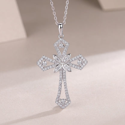 Shield of Love Moissanite Cross Necklace - 92-Stone S925 Sterling Silver Pendant, 3EX Cut D Color Religious Jewelry