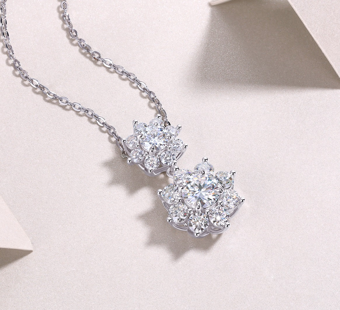 Frost Blossom Double Snowflake Moissanite Necklace | S925 Silver with 18K White Gold Plating, GRA Certified