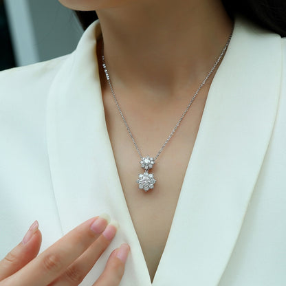 Frost Blossom Double Snowflake Moissanite Necklace | S925 Silver with 18K White Gold Plating, GRA Certified