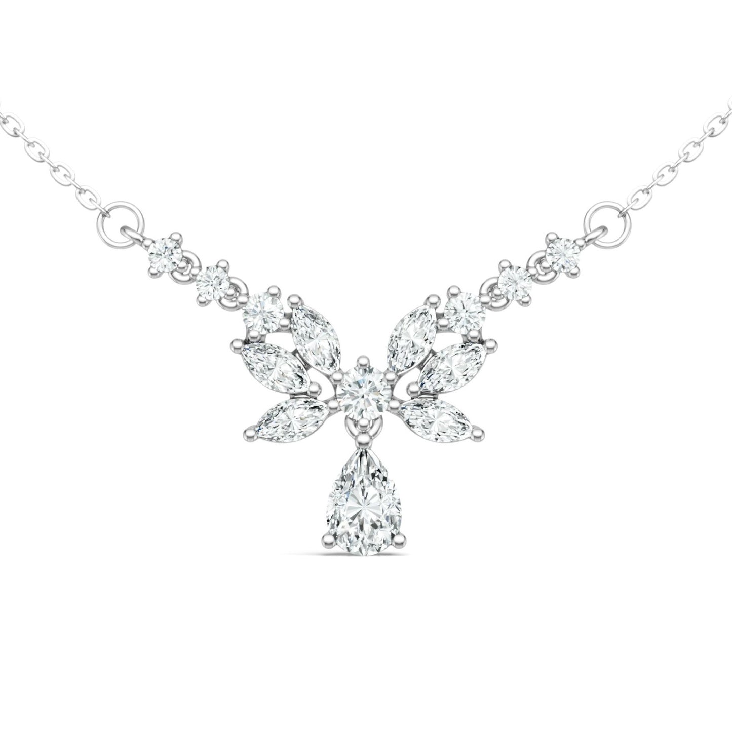 925 Silver Leaf - Shaped Moissanite Necklace | 18K White Gold Plated, 5*8mm Pear - Cut Main Stone + 13 Accent Stones, Cross Round Chain