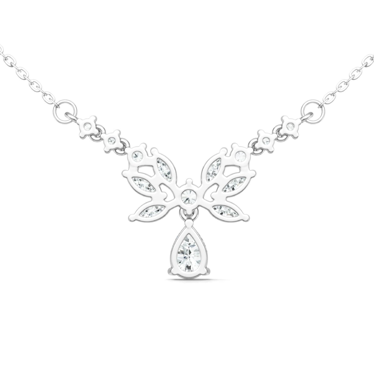 925 Silver Leaf - Shaped Moissanite Necklace | 18K White Gold Plated, 5*8mm Pear - Cut Main Stone + 13 Accent Stones, Cross Round Chain