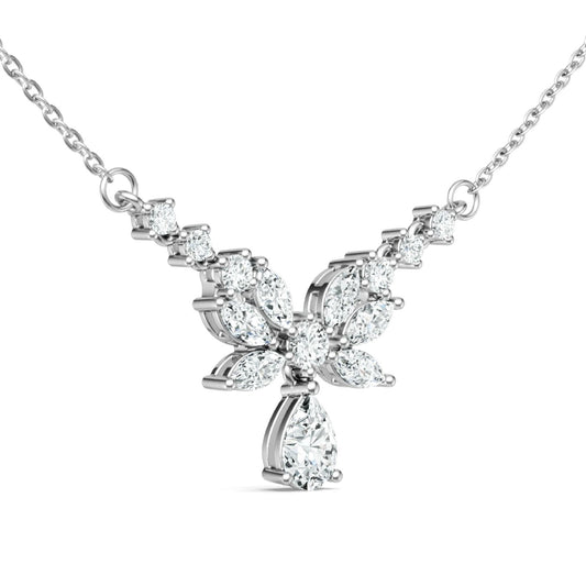 925 Silver Leaf - Shaped Moissanite Necklace | 18K White Gold Plated, 5*8mm Pear - Cut Main Stone + 13 Accent Stones, Cross Round Chain