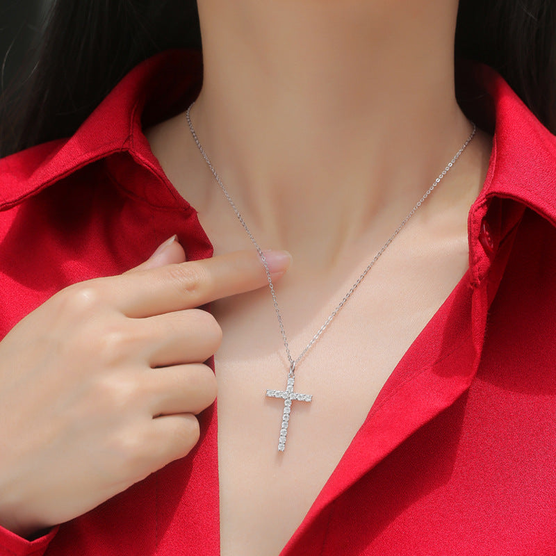15-Stone 0.9ct Moissanite Cross Necklace - S925 Sterling Silver 3EX Cut D Color Pendant, Religious Collarbone Chain
