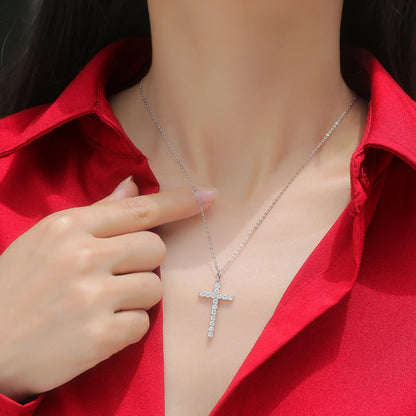 15-Stone 0.9ct Moissanite Cross Necklace - S925 Sterling Silver 3EX Cut D Color Pendant, Religious Collarbone Chain