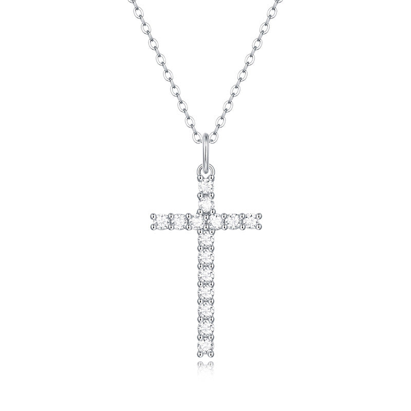 15-Stone 0.9ct Moissanite Cross Necklace - S925 Sterling Silver 3EX Cut D Color Pendant, Religious Collarbone Chain
