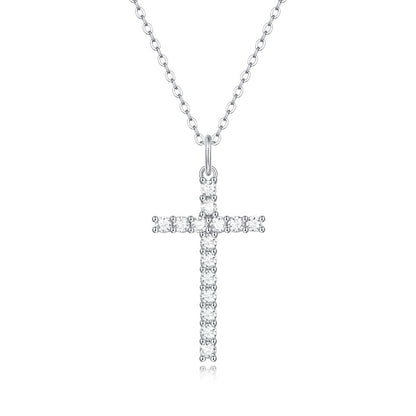 15-Stone 0.9ct Moissanite Cross Necklace - S925 Sterling Silver 3EX Cut D Color Pendant, Religious Collarbone Chain