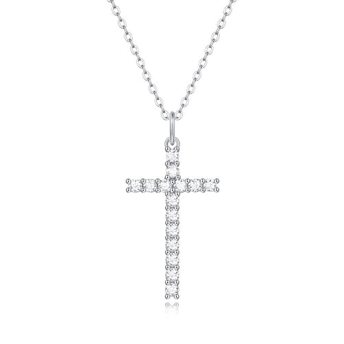 15-Stone 0.9ct Moissanite Cross Necklace - S925 Sterling Silver 3EX Cut D Color Pendant, Religious Collarbone Chain