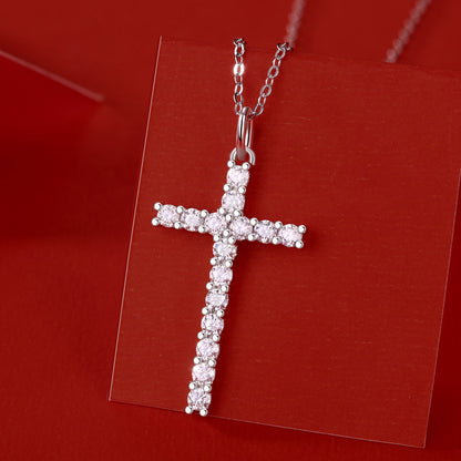 15-Stone 0.9ct Moissanite Cross Necklace - S925 Sterling Silver 3EX Cut D Color Pendant, Religious Collarbone Chain