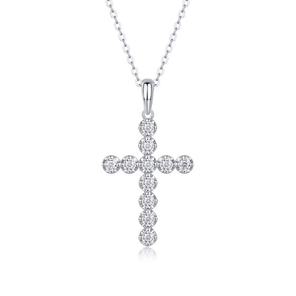 11-Stone Moissanite Cross Necklace - S925 Sterling Silver 3EX Cut D Color Pendant, Religious Collarbone Chain