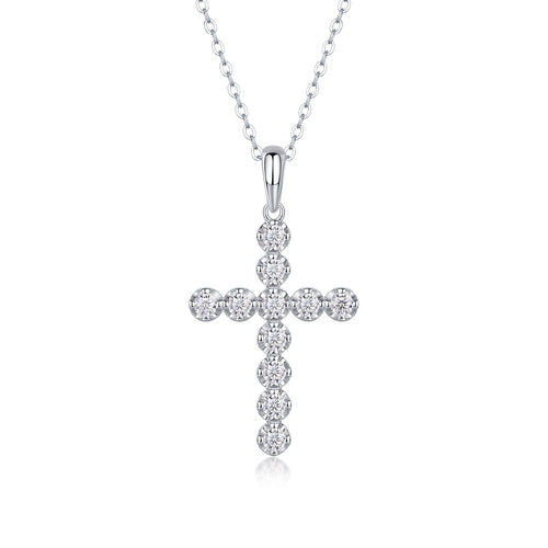 11-Stone Moissanite Cross Necklace - S925 Sterling Silver 3EX Cut D Color Pendant, Religious Collarbone Chain