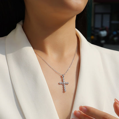 11-Stone Moissanite Cross Necklace - S925 Sterling Silver 3EX Cut D Color Pendant, Religious Collarbone Chain