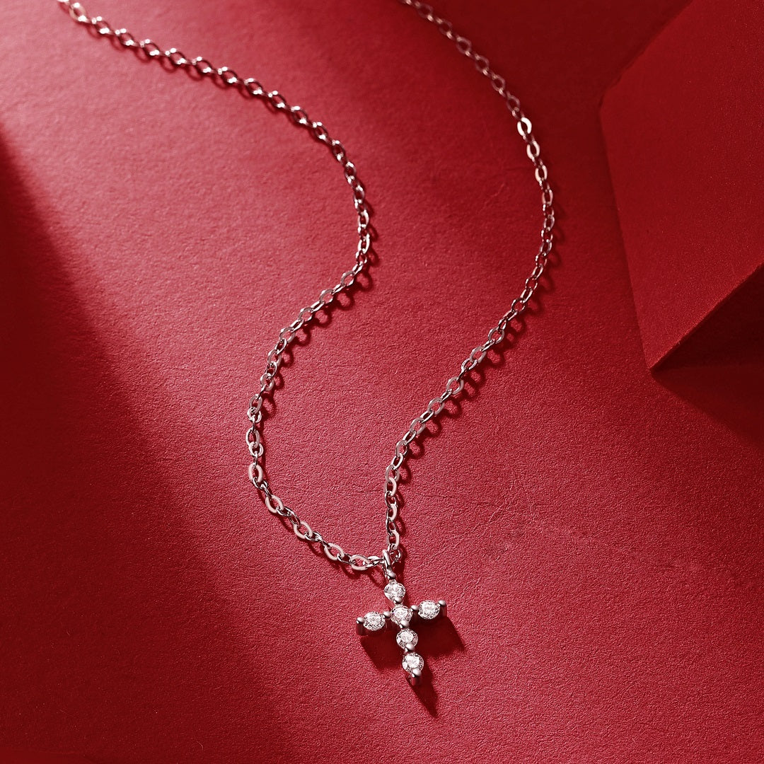 6-Stone Moissanite Small-sized Cross Necklace - S925 Sterling Silver 3EX Cut D Color Pendant, Religious Collarbone Chain