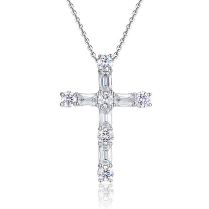 5.5ct 11-Stone Moissanite Cross Necklace - S925 Sterling Silver 3EX Cut D Color Pendant, Religious Collarbone Chain