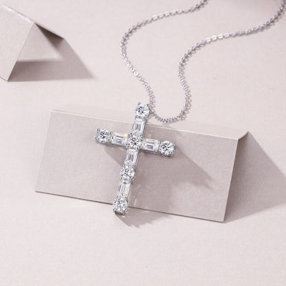5.5ct 11-Stone Moissanite Cross Necklace - S925 Sterling Silver 3EX Cut D Color Pendant, Religious Collarbone Chain