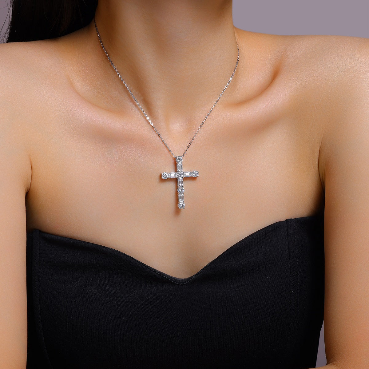 5.5ct 11-Stone Moissanite Cross Necklace - S925 Sterling Silver 3EX Cut D Color Pendant, Religious Collarbone Chain