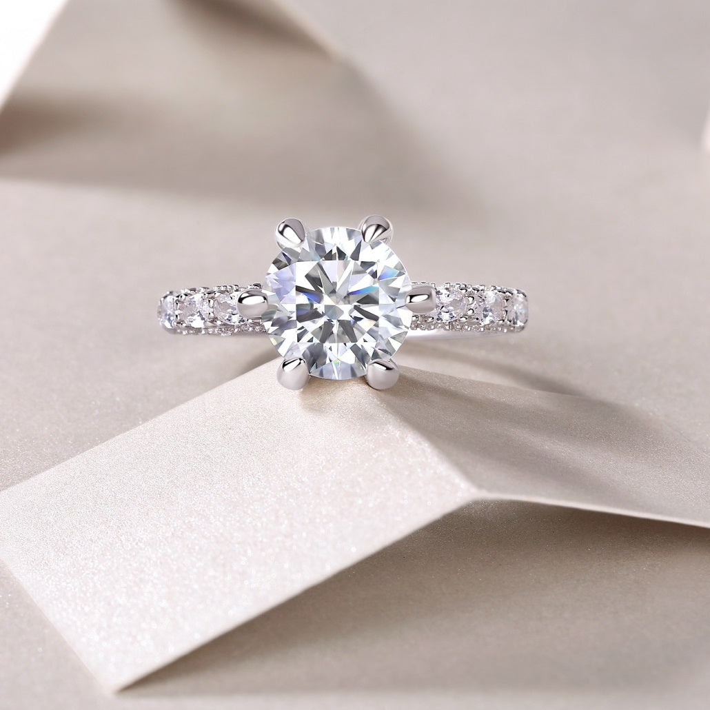 “Happiness Returns” 3CT D - Color Moissanite Six - Prong Ring | S925 Silver, 18K White Gold Plated
