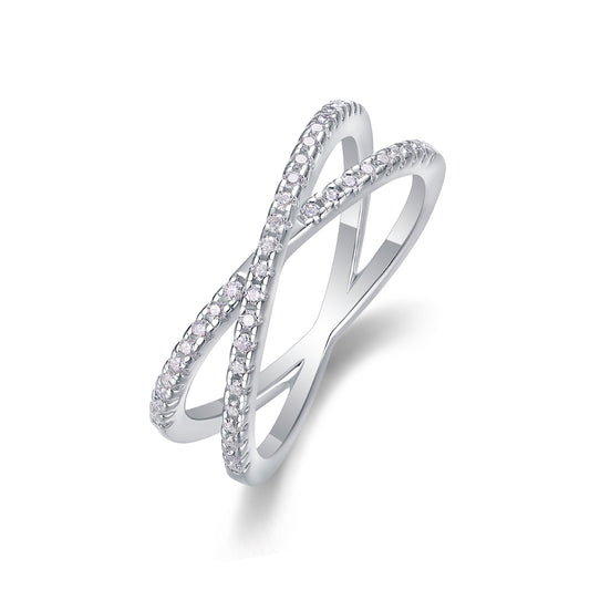 Love Intertwined Crisscross Moissanite Ring | 41 D Color 3EX Stones, 925 Sterling Silver with 18K White Gold Plating, GRA Certified