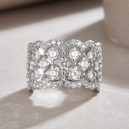 Lace Snowflake Moissanite Ring - 18-Stone D Color 3EX Cut, S925 Sterling Silver 18K White Gold Plated Snowflake Band