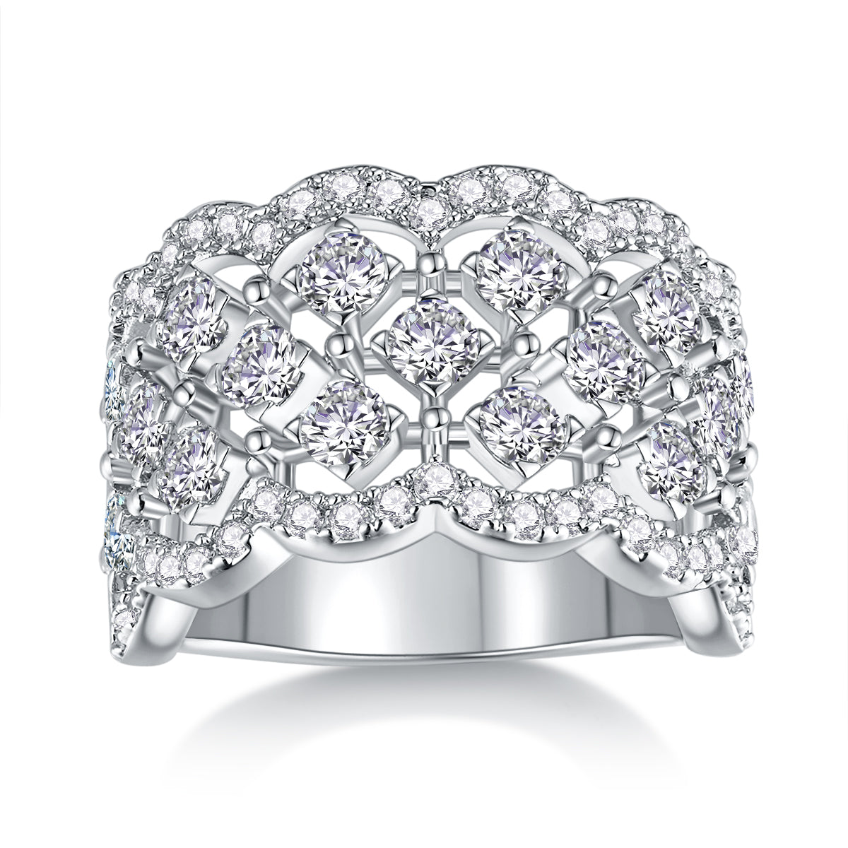 Lace Snowflake Moissanite Ring - 18-Stone D Color 3EX Cut, S925 Sterling Silver 18K White Gold Plated Snowflake Band